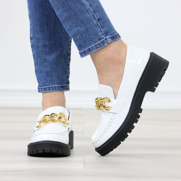 White Patent Chunky Lug Sole Slip On Penny Loafers Platform With Gold Chain - Picture 10 of 16
